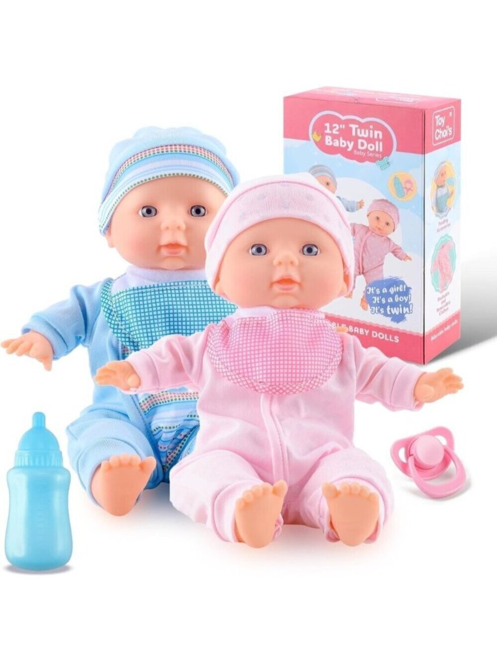 🆕 Twin Baby Dolls Pink Romper Hat Bottle Pacifier Soft Durable Hug Accessories